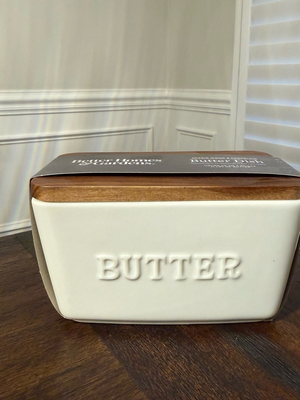 Better Homes And Gardens White Porcelain Butter Dish with Brown Acacia Lid